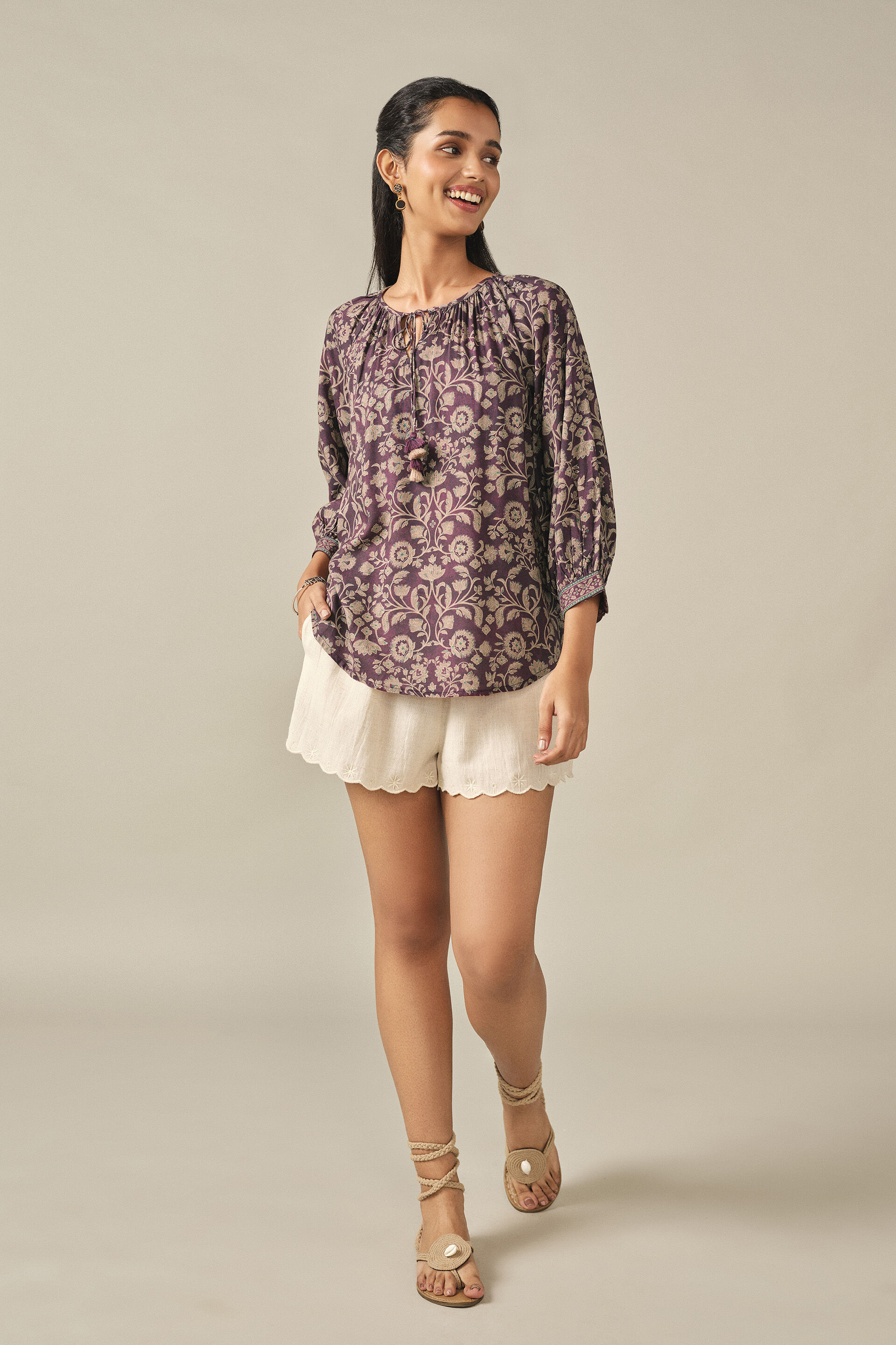 Printed Peasant Top in Purple, Purple, image 3